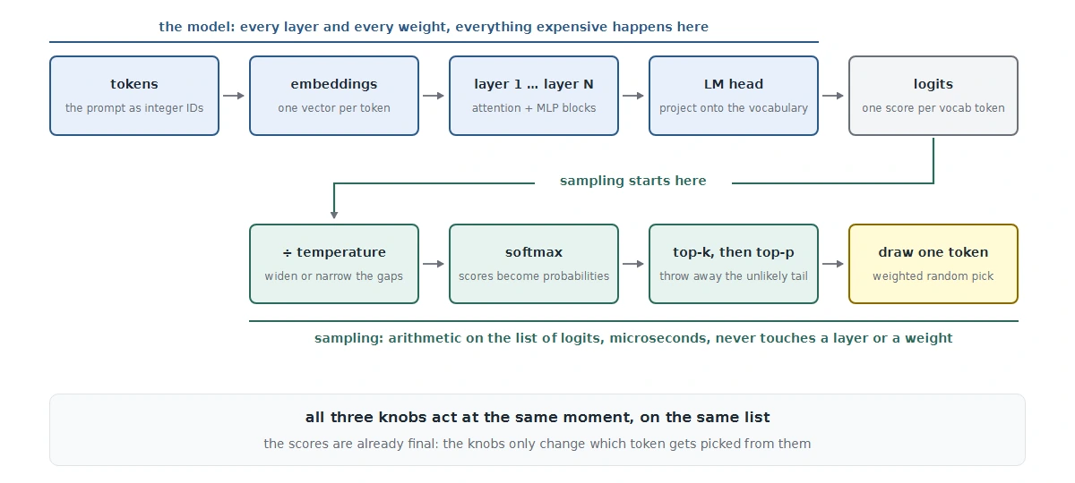 The full path: tokens through every layer to logits, then temperature, softmax, top-k and top-p, and the draw
